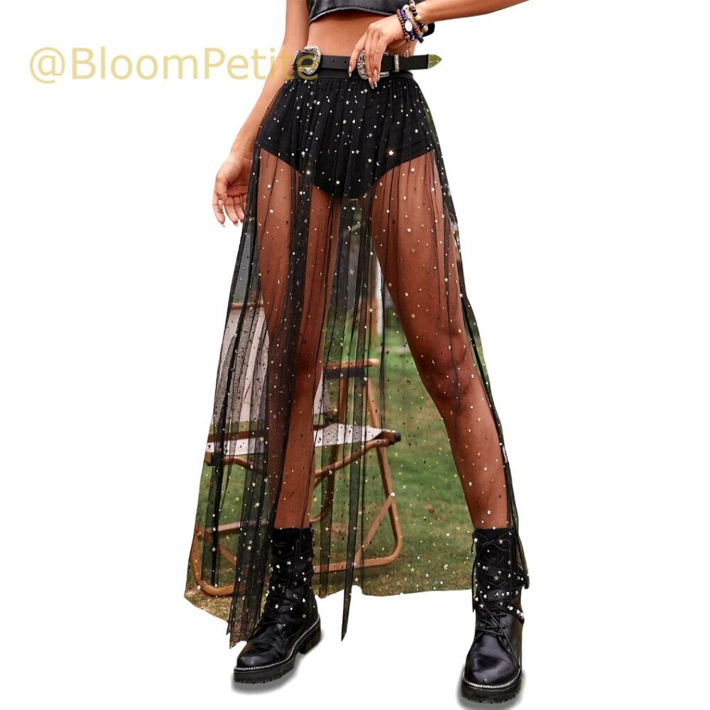 Sheer Mesh A-Line Maxi Skirt with Built-In Shorts High Waist